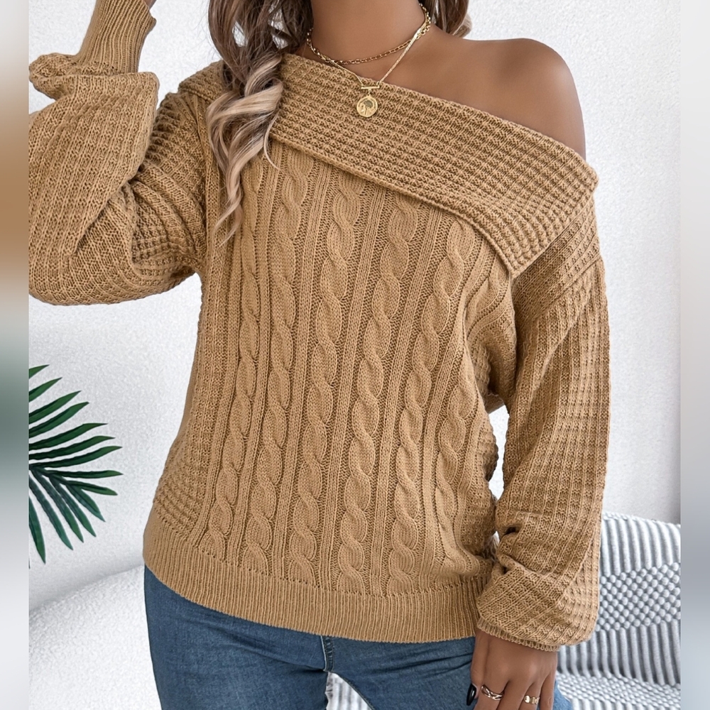 Women's Off-Shoulder Tan Sweater